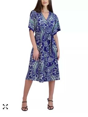 Faux Wrap Midi Dress in Blue Paisley Print